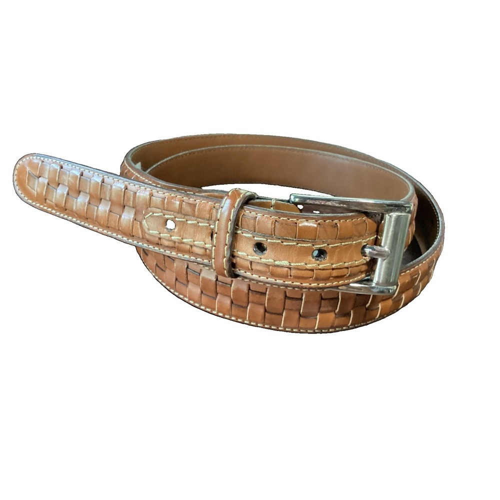 JOHNSTON & MURPHY Brown Analine Kipskin Shoulders Leather Belt Silver Buckle 42
